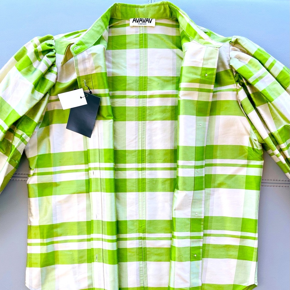 NWT AVAVAV firenze plaid striped checkered silk-charmeuse blouse in lime green S